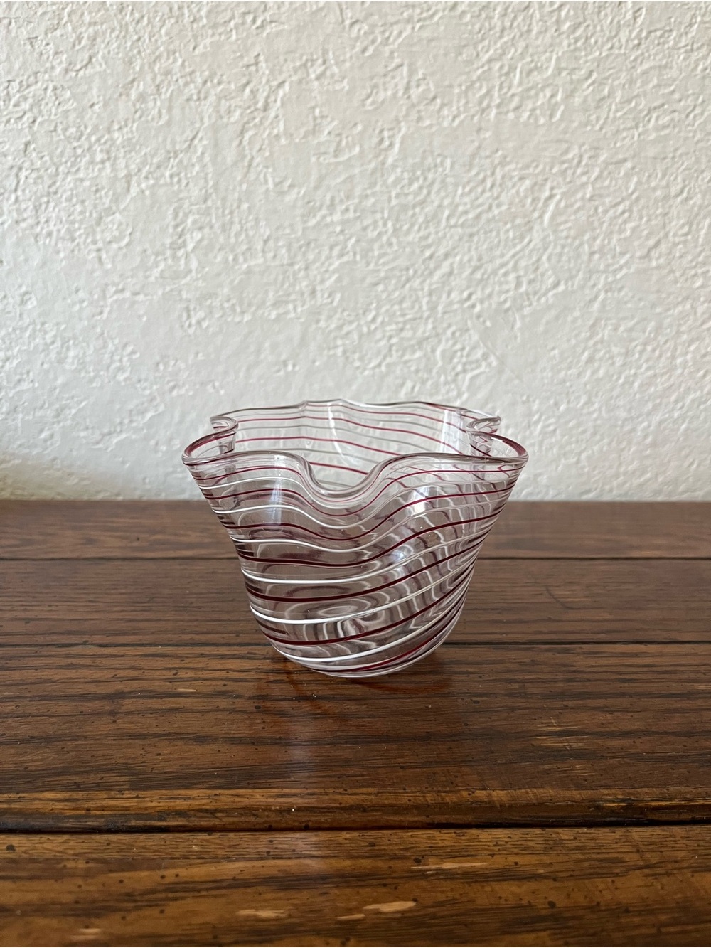 Hand-Blown Decorative Glass Bowl in Clear with Pink Ribbon Stripes